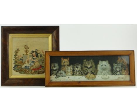A 19th century woolwork embroidered picture,
depicting a girl with a spaniel, original rosewood frame, height 15", together w