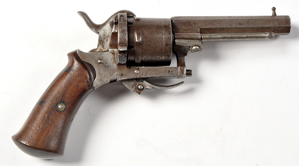 A 19th Century Belgian revolver, with hexagonal barrel, six-shot ...