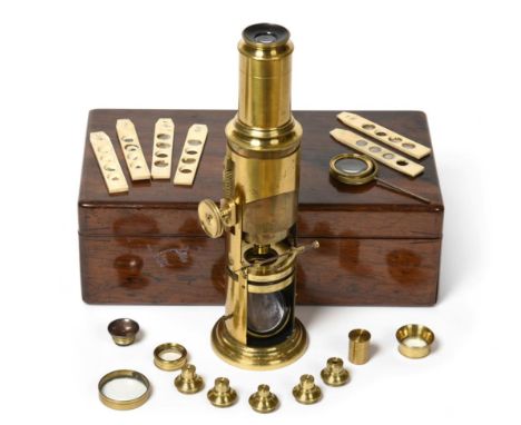 Brass Drum Microscope with rack and pinion focusing (teeth damaged) and concave mirror, in mahogany case with five lenses and