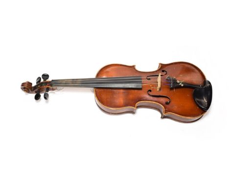 Violin 12 3/4'' two piece back, student instrument labelled 'Antonius Stradivarius'