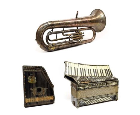 F Besson Tuba ''Prototype'' converted from high pitch to low pitch, with mouthpiece; together with a Nation Guitar Zither and