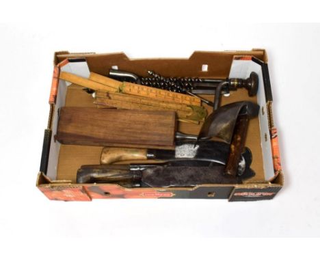 Woodworking Tools including cleavers, metal brace and drill bits, two others and a box of rules