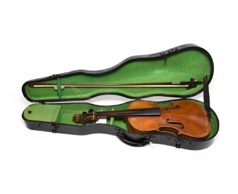 Violin 13 1/8'' two piece back, ebony fingerboard, with label 'Antonius Stradivarius Cremonensis', cased with bow 