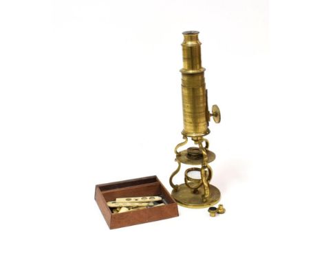 Brass Culpeper Type Microscope with 6'' barrel, concave mirror and a few prepared slides in bone mounts Focussing mechanism n