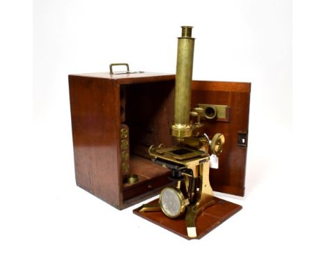 Negretti &amp; Zambra Brass Microscope with single lens turret, fine/course focusing, adjustable stage with condenser (damage