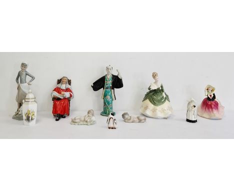 Lladro figure of a girl with a duck, two other Lladro figures, a Royal Worcester fine bone china figure of a nun, a Royal Dou