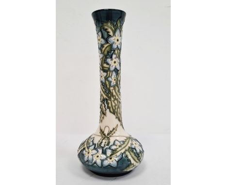 Moorcroft vase of onion form, cream ground with little blue flower and green leaf decoration, signed ‘R Bishop’, 164/300 and 