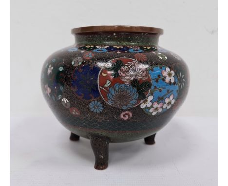 Japanese cloisonne enamel koro, bulbous and raised on three rudimentary supports, allover decorated with chrysanthemums, prun