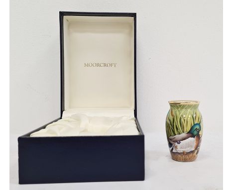 Moorcroft miniature enamel vase, ovoid and slender, decorated with ducks and ducklings autour, marked 'SJS' to base, 6cm high