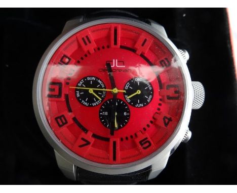 Gent's deLorean chronograph-style stainless steel wristwatch with red dial, three subsidiary black dials, black strap, in cas
