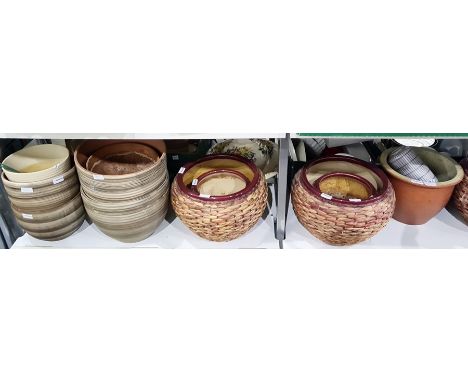 Quantity of garden planters, six ceramic and raffia, etc. (1 shelf)