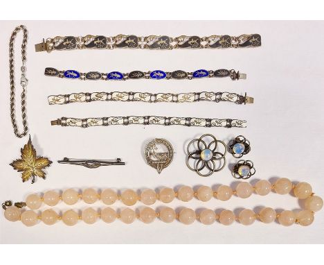 9ct gold wedding ring. approx 2.4 g, silver and moonstone style&nbsp; Arts and Crafts flowerhead brooch and pair of earrings,