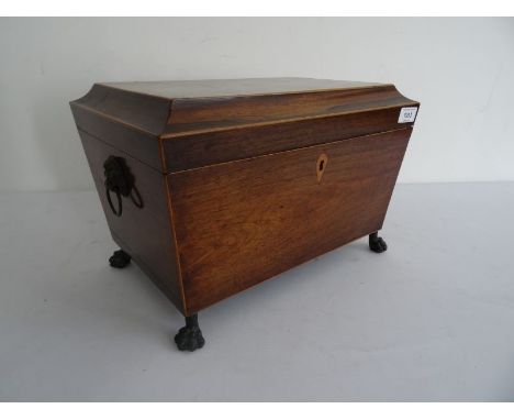 19th century rosewood and satinwood&nbsp; inlaid tea caddy box on four carved claw feet, the interior fitted with removable h