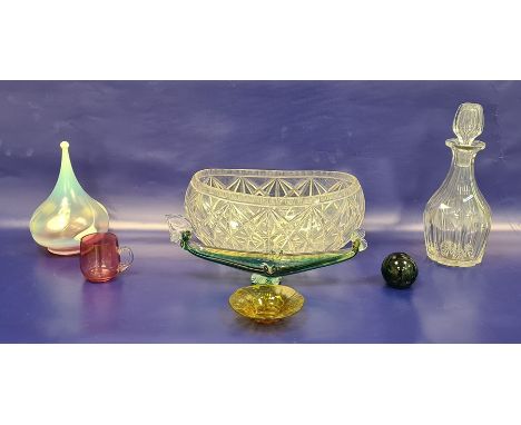 Vaseline-type glass lamp shade of ogee form, four items of coloured glass, a cut glass decanter and a boat-shaped bowl (7) Co