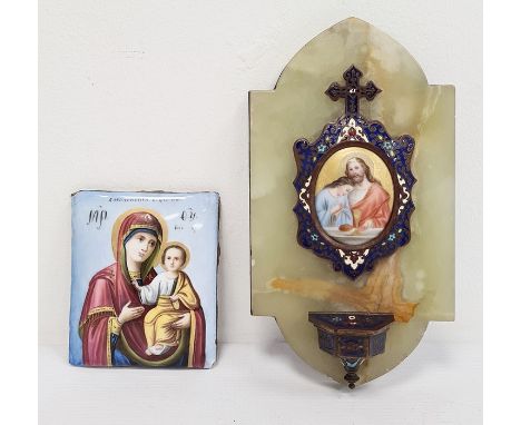 Russian enamel plaque featuring Virgin Mary and Baby Jesus, 9cm x 7.5cm and a further wall-hanging onyx plaque featuring enam