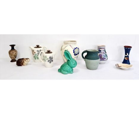 Poole pottery vase, a Torquay pottery vase, a Sylvac style green glazed rabbit, a Doulton Lambeth stoneware vase, a Carltonwa