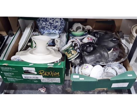 Hammered pewter tea service and assorted ceramics including a cake stand, lidded dishes, etc (2 boxes) 