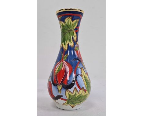 Moorcroft enamel miniature vase, decorated with fuschia, baluster shape, initialled RDR to base, dated possibly '04. 11 cms