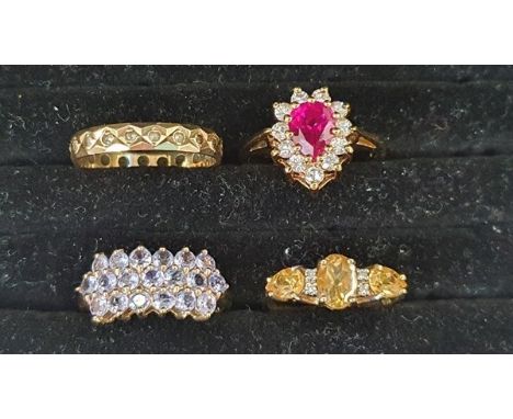 9ct gold, pink and white stone dress ring set central pear-shaped pink stone surrounded by border of white stones, 9ct gold, 