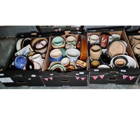 Quantity of ceramic plant pots and holders including a stoneware pot labelled 'Green Label Curry Paste, L A Sharwood & Co Ltd