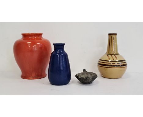 Astraware vase, baluster-shape and orange glazed, a studio pottery vase, cream glazed, ball and shaft shape with brown line d