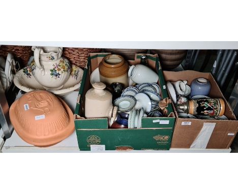 Stoneware hot water bottle, ewer and basin, a terracotta chicken brick, chinese rice bowls, stoneware hot water bottle, stein