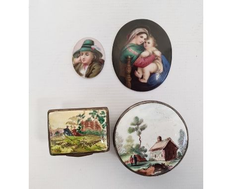 Enamel patchbox of rectangular form, country setting scene to the top, hinged lid,&nbsp;another with enamel country decoratio