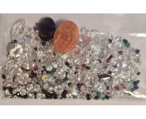 Bag of loose mixed stones including cubic zirconia, ruby, sapphire, emerald and other gemstones, 104.48ct