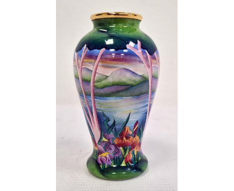 Moorcroft miniature enamel vase, inverse baluster-shaped, mountainous lakeside landscape decoration with irises in foreground