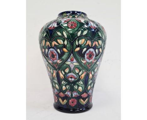 Moorcroft inverted baluster-shaped vase, ‘Anatolia’ pattern, green ground with pink and white flowers, signed ‘R J Bishop M.C