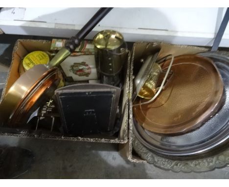 Miniature copper and brass warming pan together with a miner's coal lamp, a tin advertising boiled sweets, a brass trivet, et