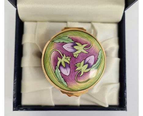 Moorcroft enamel trinket pot, cylindrical and pansy decorated, initialled 'CB' to base, 4.5cm high