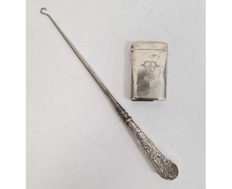 Victorian silver-handled button hook&nbsp;with foliate scroll decoration and an antique silver-plated cigar case&nbsp;fitted 