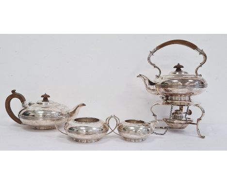 George V silver tea set, each piece oblate with reeded band, the teapot with pearwood finial and scroll handle, scroll handle