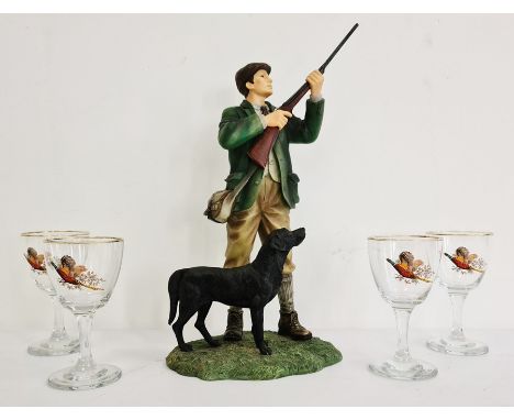 The Leonardo Collection figure group man hunting game with dog together with four glasses decorated with flying pheasants