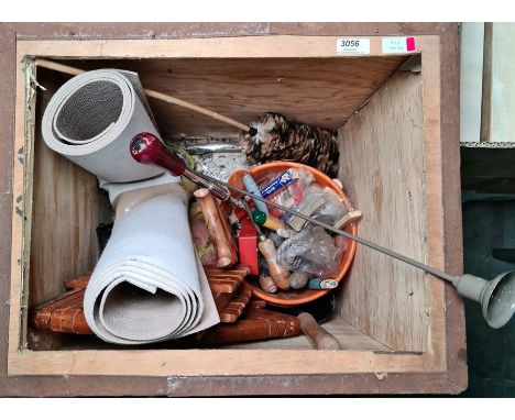 Tea chest containing table underlays, assorted tools, folding stool, feather duster, etc 