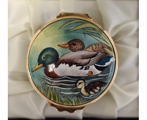 Moorcroft enamel trinket pot, cylindrical and decorated with ducks and ducklings among bulrushes, initialled 'SJS' to base, 4
