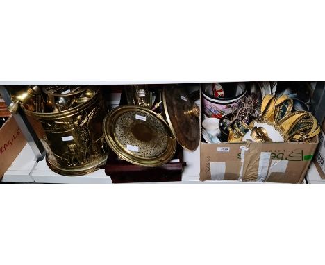 Various metalware including a hammered brass coal scuttle with repoussee decoration of huntsmen with dogs,etc.,&nbsp;brass tr