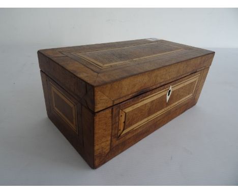 Rosewood and inlaid rectangular tea caddy box with hinged lid opening to reveal two inlaid covers with ivory finials