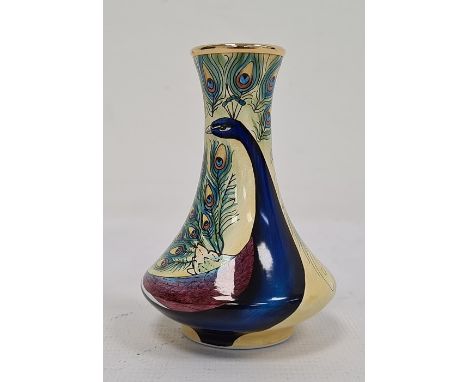 Moorcroft miniature enamel vase, angular baluster-shape, cream ground with peacock decoration, initialled to base 'DLL', 8cm 