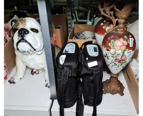 Two Victorian ceramic and metalware grecian style urns, a composite model of an English bulldog and two other items