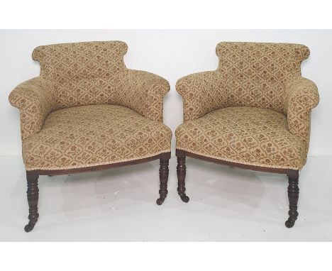 Late Victorian salon suite comprising two-seater sofa and two single chairs, in yellow ground foliate patterned upholstery, o