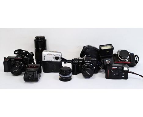 Two boxes comprising various digital and other cameras to include Minolta, Olympus, flashes, lens, cases etc. ( 2 boxes)Condi