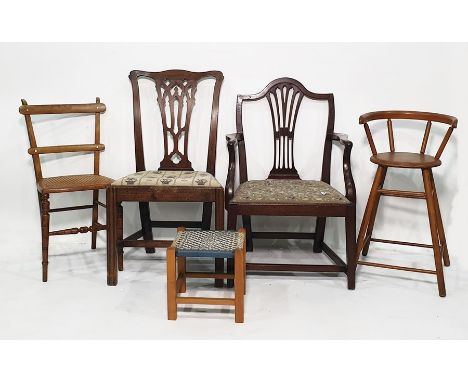 Georgian Chippendale-style chair with carved and pierced backsplat, a further chair, a stool, a cane-seated chair and one fur