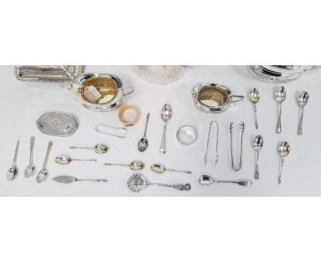 Small collection of silver-plated items to include teapot, hot water pot, flatware, wafer barrel, etc ( 1 box)