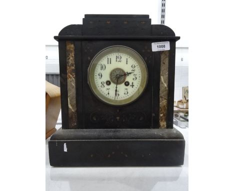 Late 19th century black marble mantel clock&nbsp;of square form, the cream enamelled dial painted with Arabic numerals, the t