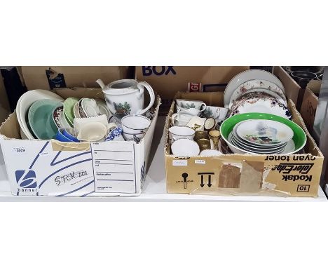 Quantity of assorted ceramics including Noritake-style, ceramic biscuit barrels with metal mounts, etc (4 boxes) 