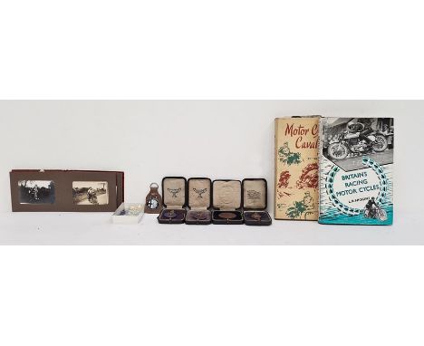 Collection of black and white photographs of vintage motorbikes, some with side cars and other automobilia, ephemera and coll