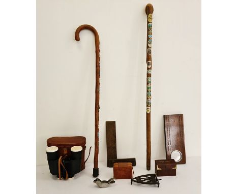 Assorted items to include pair binoculars, cribbage board, small quantity hand tools, pipes, etc 
