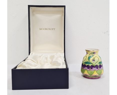 Moorcroft miniature enamel vase, tapered and pansy decorated, 6.5cm high, boxed 